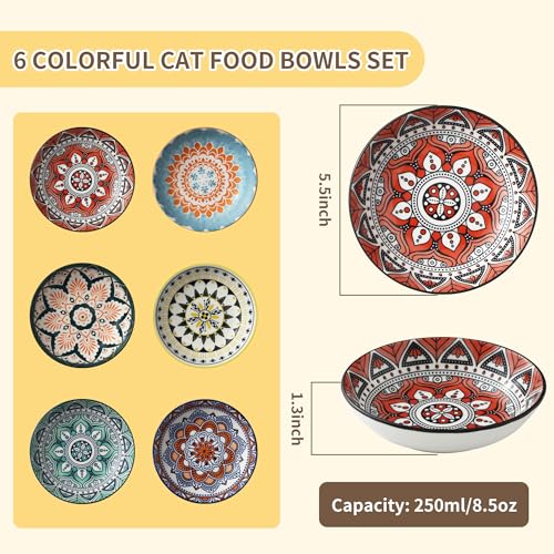 Katzennapf, Flache Futternapf Katze, Set von 6 bunten Katzen Futternapf. Katzennapf Flach, 5,5 Zoll Katzennäpfe, Fressnapf Katze geeignet für Wasser, Trockenfutter und Nassfutter