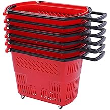 6PCS Red Shopping Carts with Wheels and Handle, 35L Plastic Rolling Shopping Basket, Portable Utility Cart for Supermarkets and Retail Stores