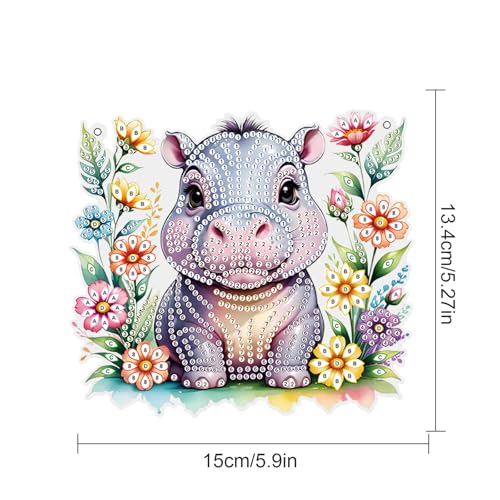 Image of AiYuanzsh DIY Diamond Art Painting Hanging Kit Hippo, Acrylic 5D Diamond Painting Pendant Ornament Board Kit, Home Garden Wall Door Diamond Art Hanging Ornament