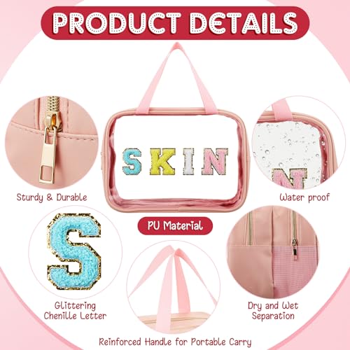 Geetery Chenille Letter Patch Makeup Bag with Handy Handle - Preppy Nylon Cosmetic Organizer with Zipper, Large Travel Toiletry Storage Bag for Women Portable Pink Makeup Case, Women Gifts4