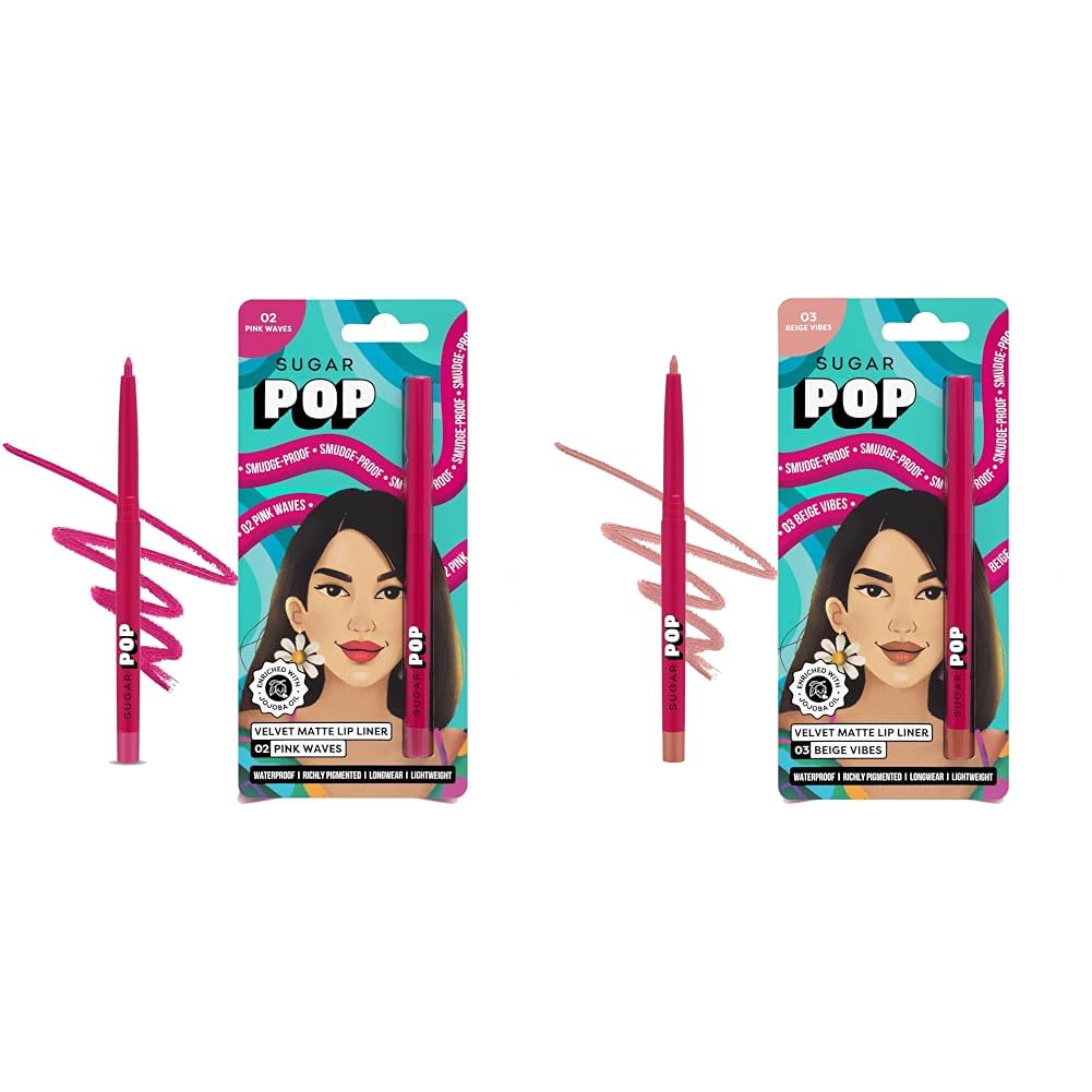 SUGAR POP Lip Essentials - Velvet Matte Lip Liner - 02 Pink Wave & Velvet Matte Lip Liner 03 Beige Vibes - 0.27 gms x 2 - Set of 2