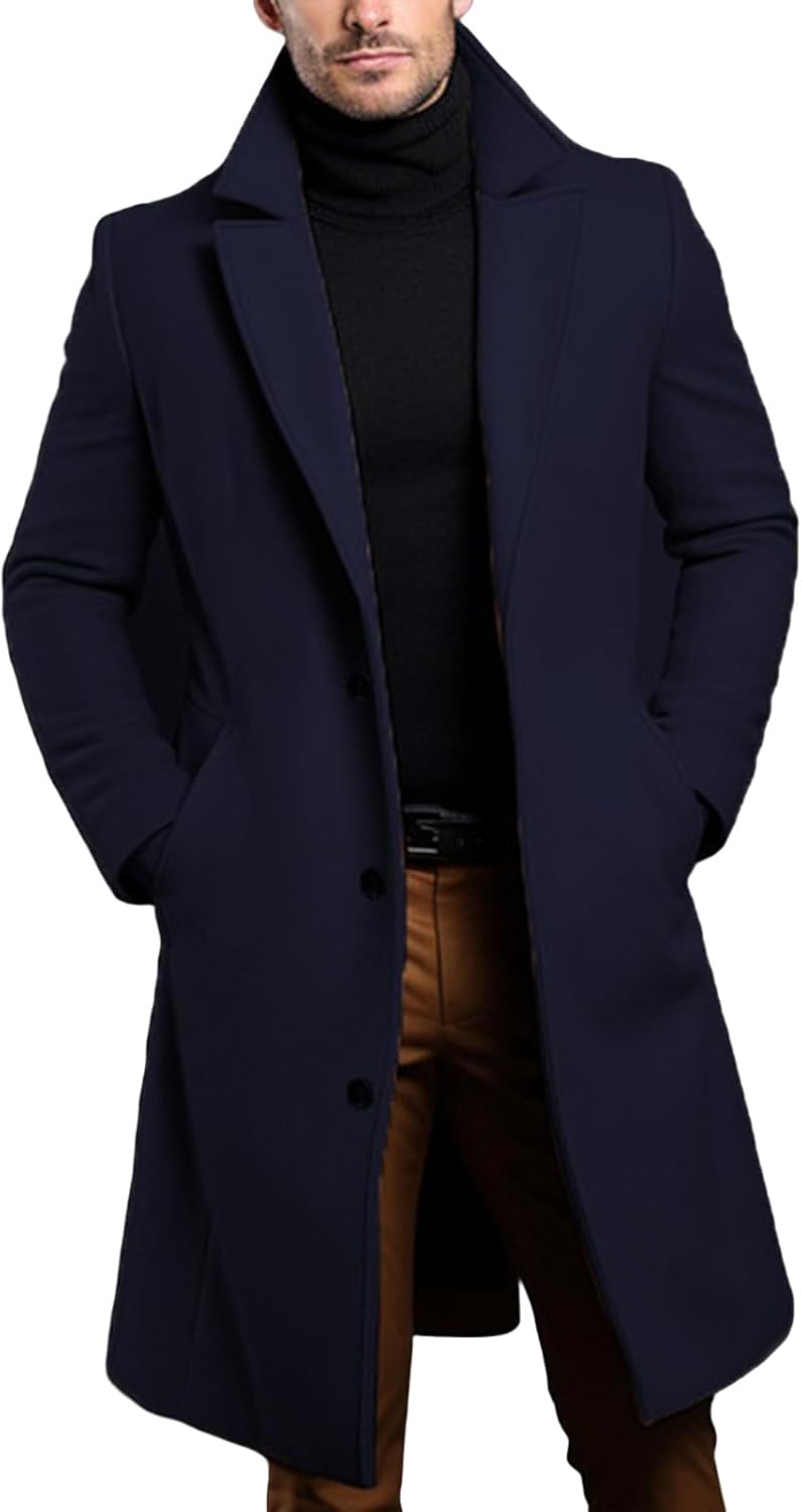 Long Trench Coat Men Fall Winter Single Breasted Wool Blend Coats Overcoat Thermal Business Peacoat Jacket Warm Soft