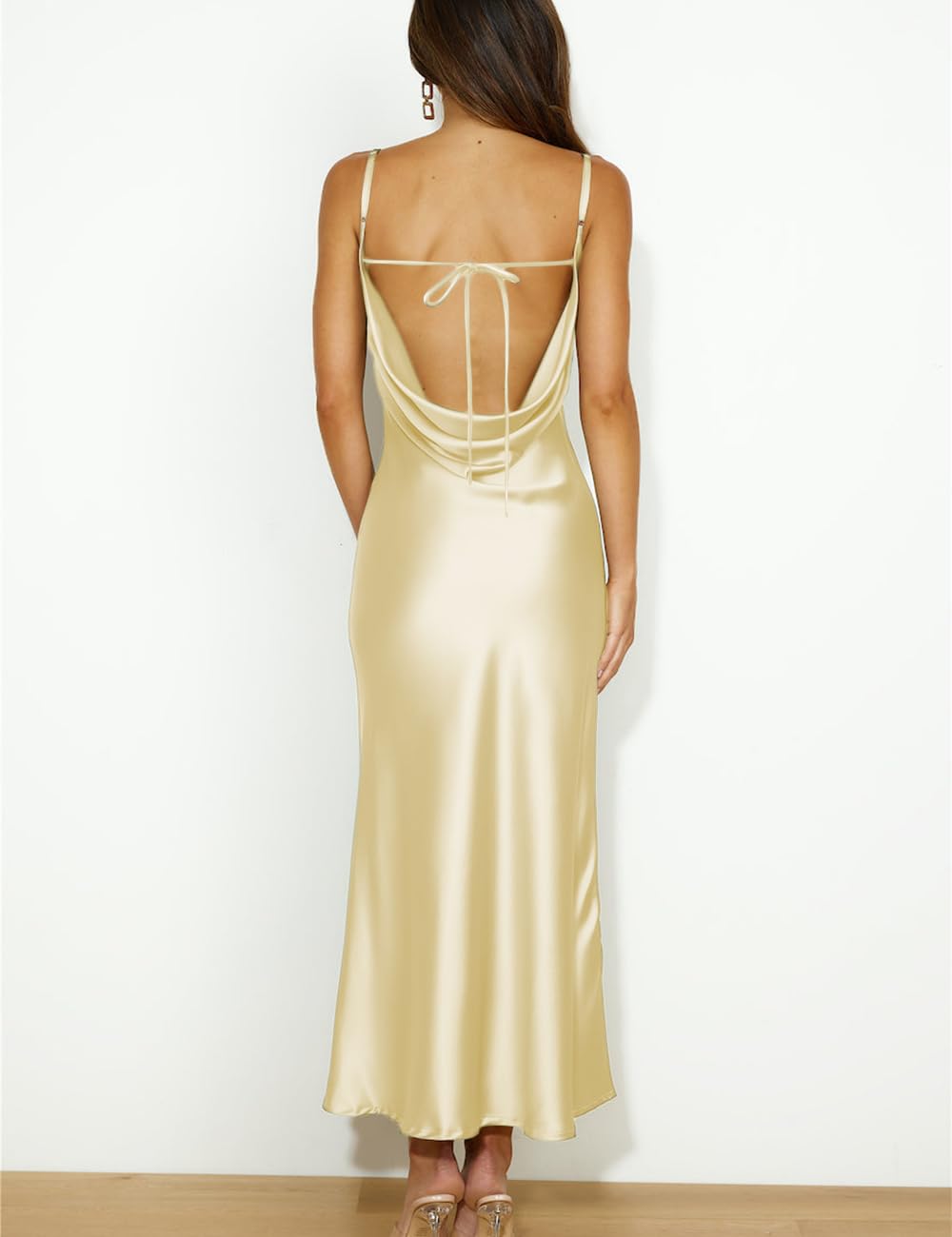 Mogidol Sommerkleid, Satin, Spaghettiträger, Wasserfallausschnitt, rückenfrei, Midi-Kleid, elegante Schnürung mit niedrigem Rücken, gerüschtes Cocktailkleid