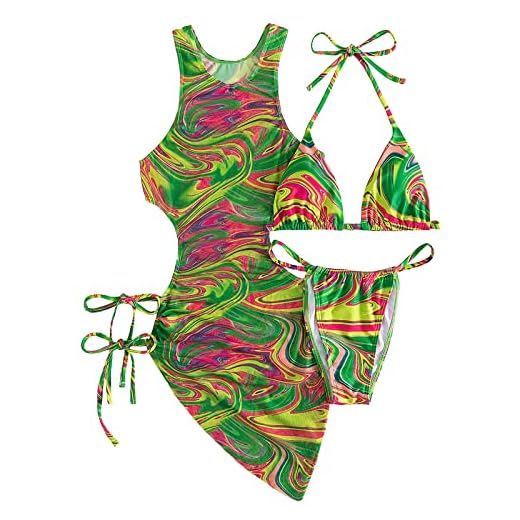 Conjunto de biquíni feminino acolchoado com estampa floral, 3 peças, conjunto de roupa de banho, recorte sexy, gola alta, malha, saída de praia, Verde, P