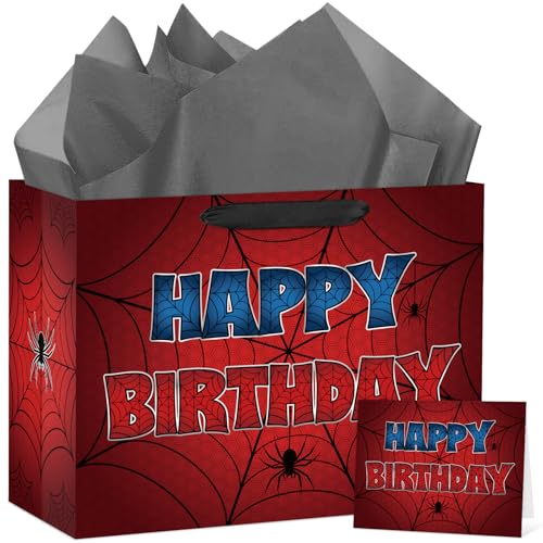 Hooqict Spider Gift Bag Happy Birthday Gift Wrapping Bag with Handles Tissue Paper Greeting Card for Kids Boys Teens Men Goodie Candy Treat Gift Box Spider Web Birthday Party Favors