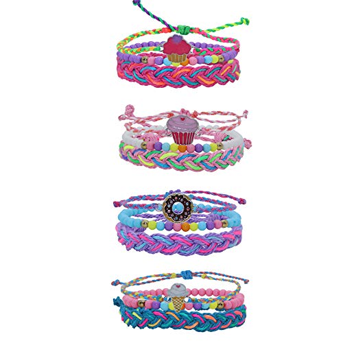FROG SAC 12 PCS Dessert Charm Bracelets for Girls, VSCO Girl Bracelet Pack for Kids, Adjustable Braided String Jewelry, Bead Bracelets for Children Birthday Party Favors