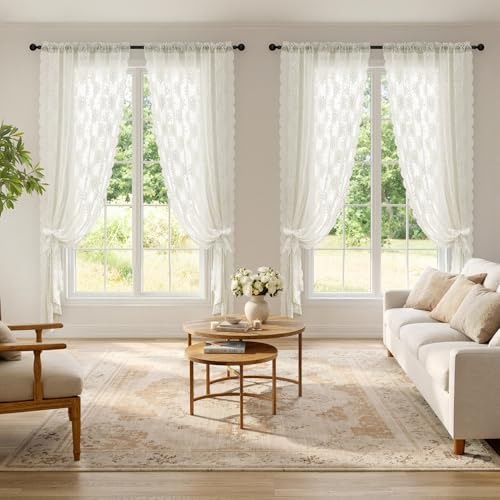 Image of MIULEE Vintage Lace Curtains 96 Inches Long 2 Panels, Victorian Decorative Floral Scalloped Semi Sheer Curtains Light Filtering Rod Pocket Panels Decor for Bedroom Living Room, 52 inch W x 96 inch L, Ivory