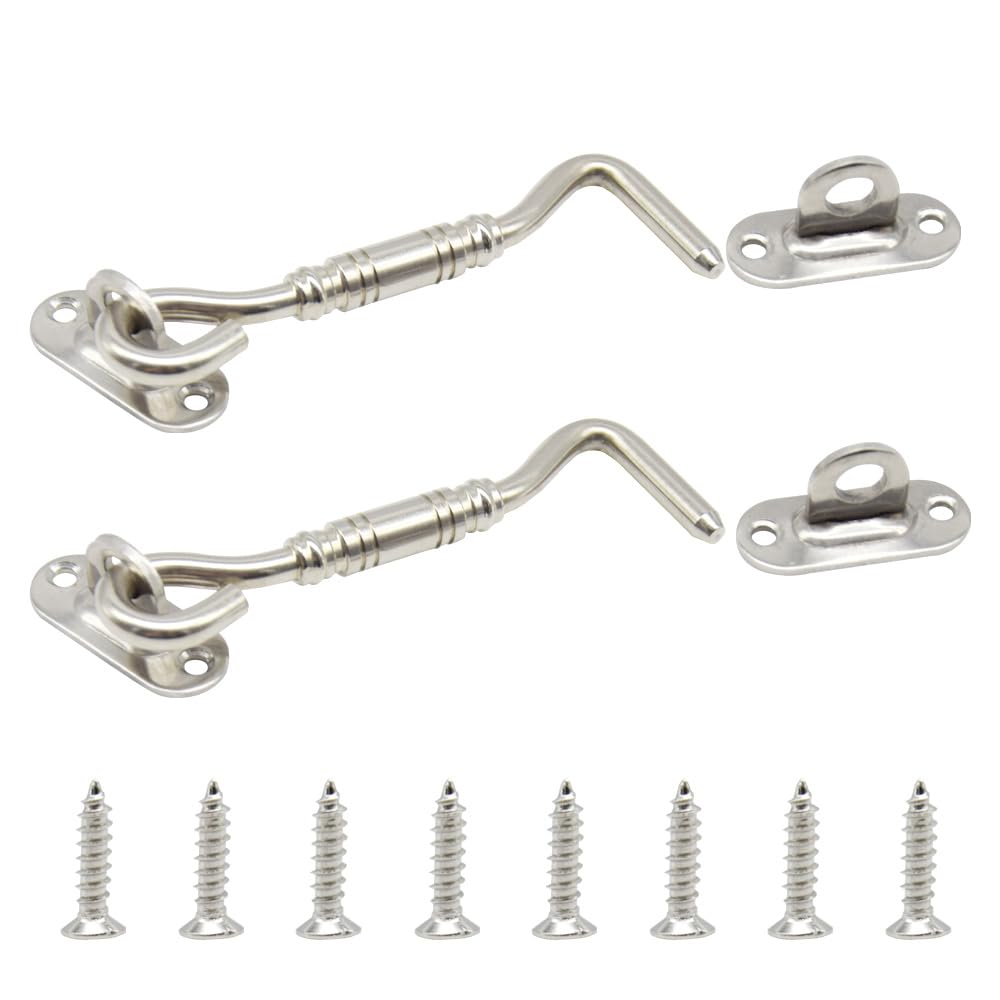 Yosawo2 Pcs Cabin Hook and Eye Latch,Stainless Steel Heavy Duty Barn Barn Door Swivel Window Hook Lock for Garage, Garden Gates, Closet Shed（Silver-110mm）