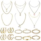 UBGICIG 16 Pcs Silver Gold Jewelry Set for Women Gold Accessories for Women Bracelet Necklace and Earring Sets Multilayer Stackable 90s Jewelry Set Trendy Summer Outfit (Gold Tone)