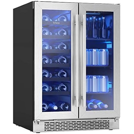 Zephyr BWB24C32AG Brisas Series 24 Inch dual-zone Stainless Steel Freestanding or Built-In Beverage Wine Center with French Door Wine for 21 bottles (750 ml) Beverage for 64 12oz cans