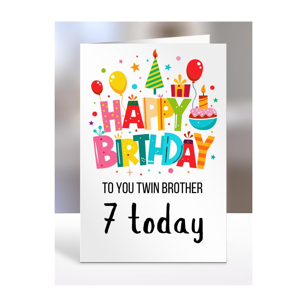 7th birthday card for Twin Brother, gifts for girl, girls, boy, boys, gift, presents, female, male, him, her, Happy birthday to you, 7 years old today, A5-162g_41