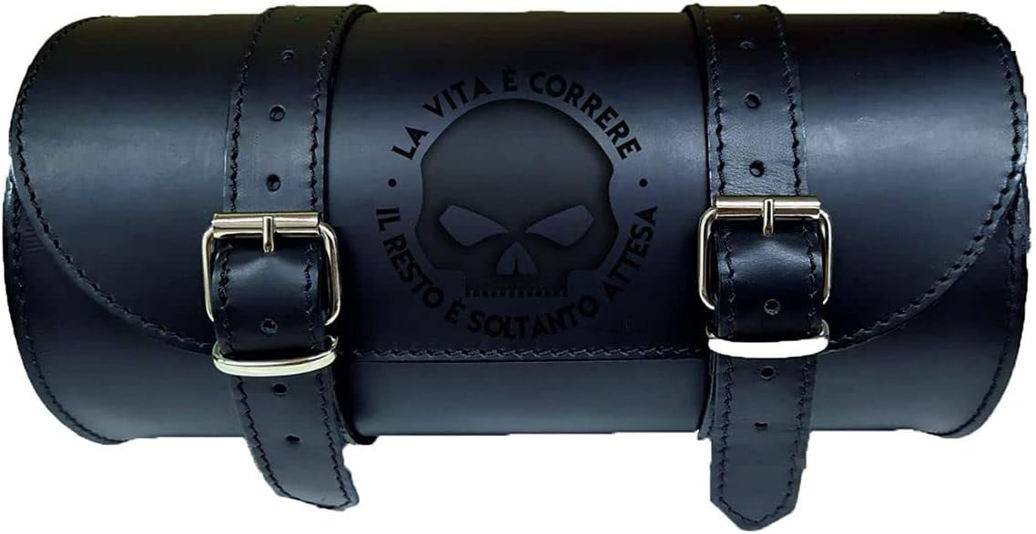 Barrel bag motorcycle leather 25 x 12 with engraving skull with life is running the rest and only waiting shull tool holder bikebag Satteltasche compatible with harley devindson moto guzzi triumph