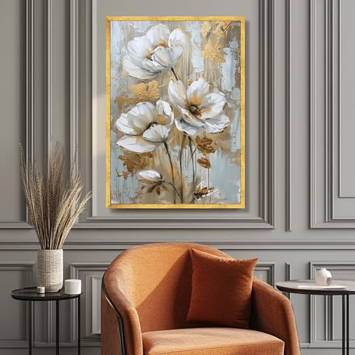 Peinture florale abstraite blanche et dorée déco salon moderne