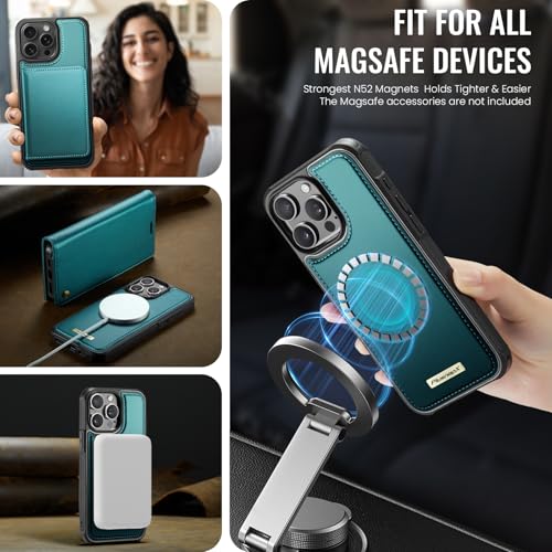Image of Wallet Case for iPhone 13 Pro Compatible with Magsafe, 2-in-1 PU Leather Flip RFID Blocking Card Holder Stand Shockproof Magnetic Detachable Cover for iPhone 13 Pro Case 6.1 inch, Bluegreen