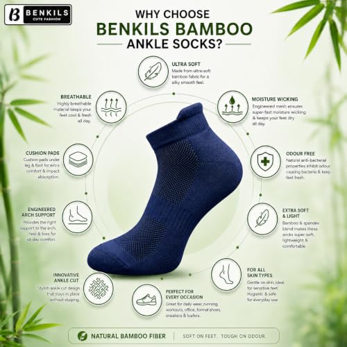 Image of BENKILS Bamboo Ankle Socks for Men & Women | Ultra-Soft, Odour-Free and Breathable | Padded Base and Anti-bacterial | 3X Softer than Cotton | Free Size Regular Socks.