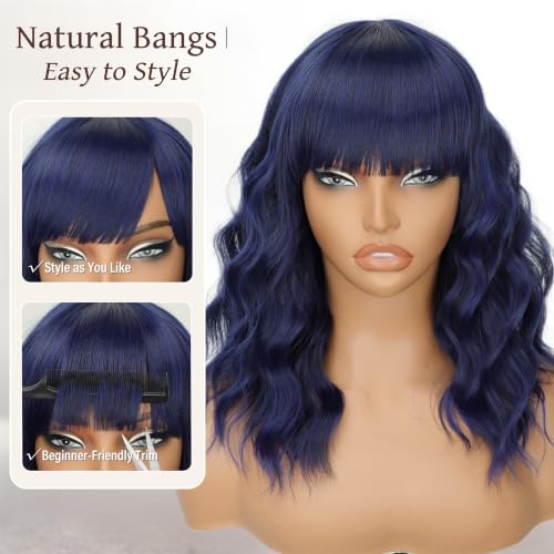 Image of Nnzes Wig with Bangs for Women Short Bob Wavy Charming Synthetic Dark Blue Wigs with Natural Shoulder Length Curly Heat Resistant Hair for Daily Party Use