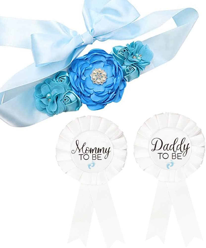 CoolerthingsDG, 3pcs 2 badges and a belt Blue, Baby Blue Maternity Sash & Daddy to Be Corsage Set - Baby Shower Sash Baby Boy Pregnancy Sash Keepsake Baby Shower Flower Belly Belt