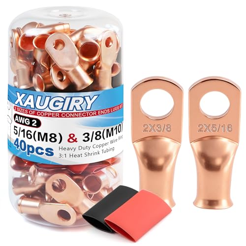 Image of 20Pcs Battery Cable Lugs Kit(2 AWG-5/16+2 AWG-3/8) Heavy Duty Copper Wire Ring,Copper Terminals Connector Ends Lugs with 20Pcs 3:1 Heat Shrink Tubing