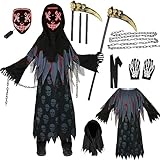 Vermeyen 8 Pcs Grim Reaper Costume for Kids Death Phantom Costumes for Boys Halloween Cosplay Grim Reaper Outfit