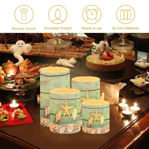 Image of Flameless Light Candles Battery Operated Candles with Color Changing Timer Remote Control Fake Pillar Candle Tealights Home Indoor Beach Coastal Decoration, Starfish Shell Wood Grain