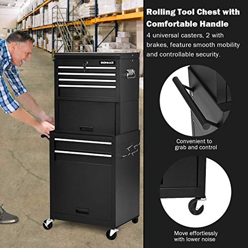 Goplus 6-Drawer Rolling Tool Chest w/Riser, 3 in 1 Rolling Tool Box w/Keyed Locking System, Detachable Top Box, Side Handle, Toolbox Organizer for Workshop Garage