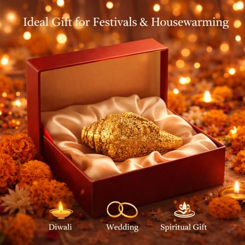 Image of Kalakriti Metal Shankh Showpiece | Antique Gold Plated Carved Conch for Pooja Temple Vastu | Decorative Sankh for Home Decor | Auspicious Diwali Religious Gift (1 Pc)