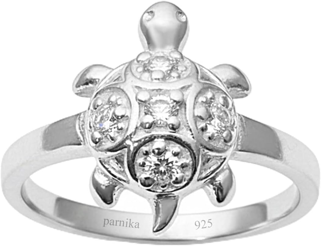Good Luck Tortoise/Turtle Finger Ring Embellished with CZs in 92.5 Sterling Silver for Men and Women | Meru Kachua Ring |