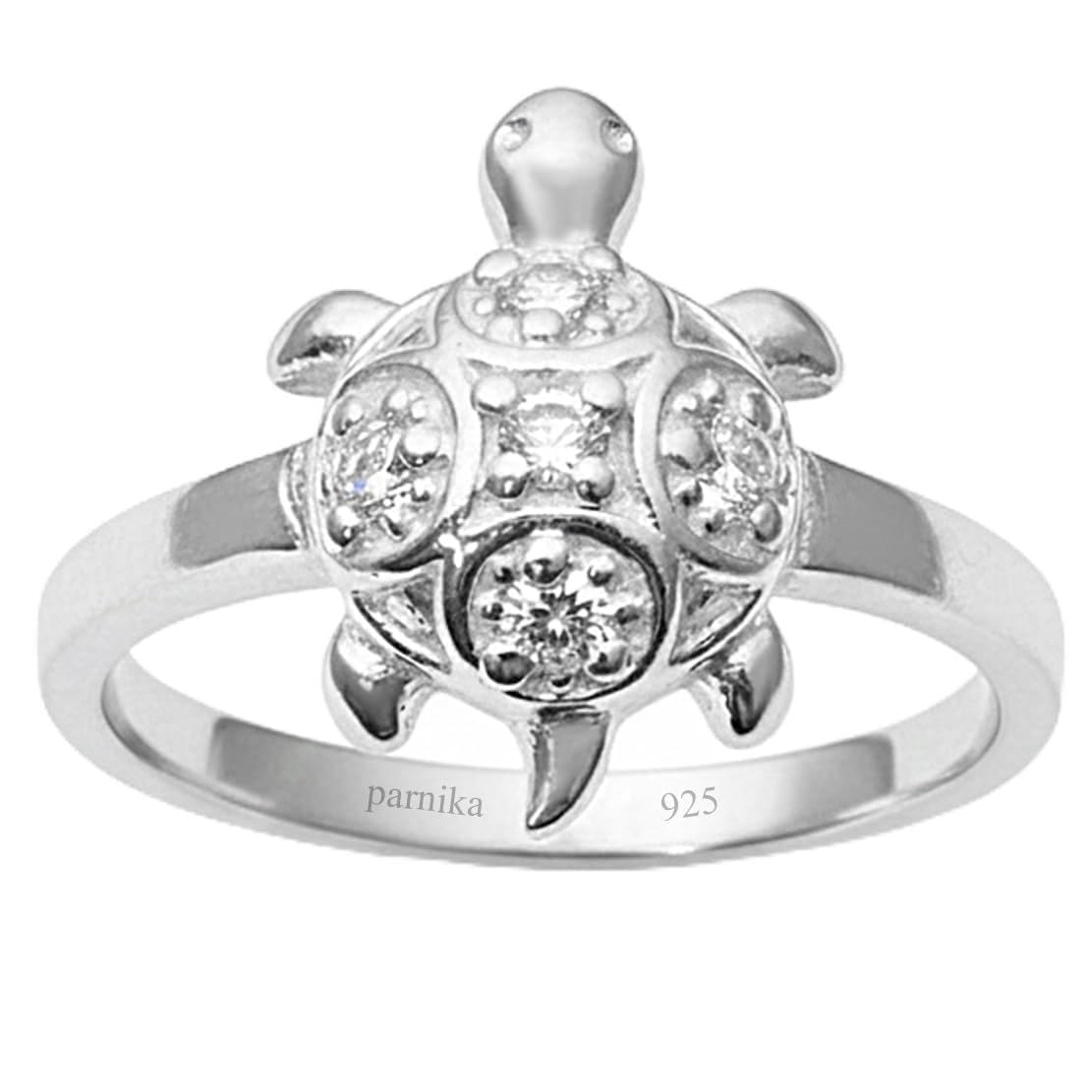 Good Luck Tortoise/Turtle Finger Ring Embellished with CZs in 92.5 Sterling Silver for Men and Women | Meru Kachua Ring |