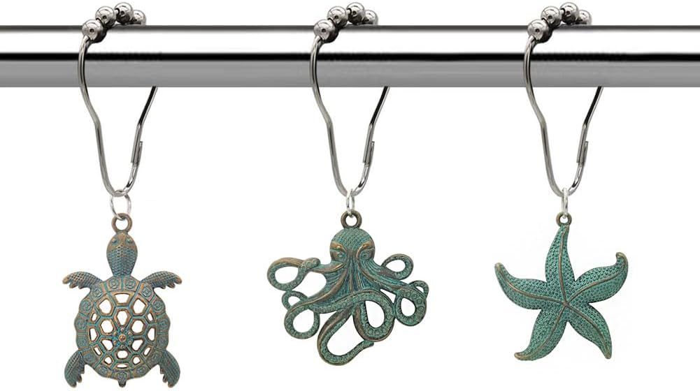 Antique Green Sea Turtle Shower Curtain Hooks Set of 12 - Starfish Octopus Decorative Shower Curtain Ring Hanger for Nautical, Beach Themed Bathrooms Decor, Rust-Proof (Antique Green)