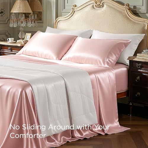 Image of Bedsure Pink Satin Sheets King Size, Soft Silky Bedsheets for Hair & Skin | Similar to Silk Bed Sheets Set 4 Piece with 15 Inches Deep Pocket Fitted Sheet,1 Flat Sheet, 2 Satin Pillowcases