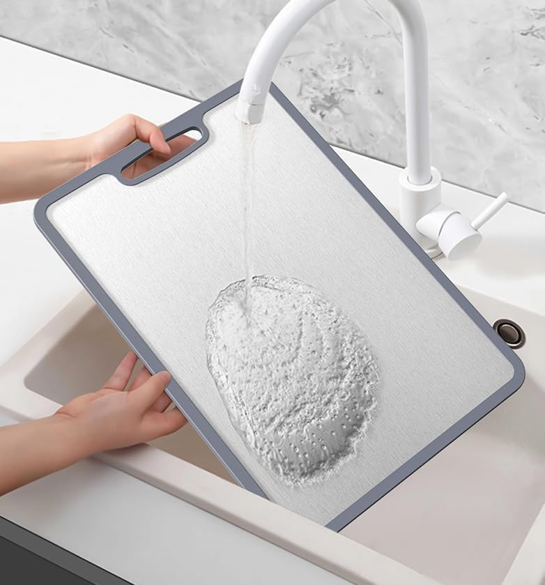 Miniatura 3 de PUQITEN Tabla de cortar de acero inoxidable para cocina, apta para lavavajillas con borde de silicona, antideslizante, tabla de cortar de doble cara