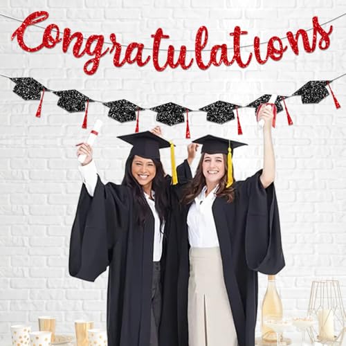 Image of Congratulations Banner Graduation Decorations Class of 2026 Red Glitter Congrats Grad with Tassel Party Decor College High School Favors Black