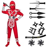 Spooktacular Creations Halloween Ninja Costume Kids, Red Silver Ninja Dragon Jumpsuit Set, Boys Halloween Costume for DressUp and RolePlay Party (Medium, 8-10 yrs)