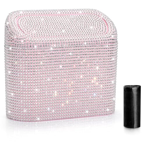 Image of Accmor Bling Car Trash Can with Lid, Leakproof Mini Vehicle Trash Bin Automotive Dustbin Organizer Storage, Sparkling Crystal Rhinestone Trash Bag Container with 30pcs Garbage Bags Car Accessories