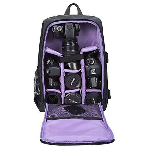 Selighting Sac à Dos Appareil Photo Réflex Sac Photo Imperméable pour Ordinateur Portable Trépied DSLR Canon Nikon Sony avec Housse de Pluie (Violet)