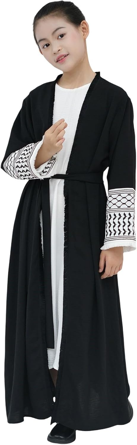 Girls Abaya Muslim Long Sleeve Belted Dress Embroidered Open Front Kimono Cardigan Dubai Turkey Islamic Arabic Eid Outfit