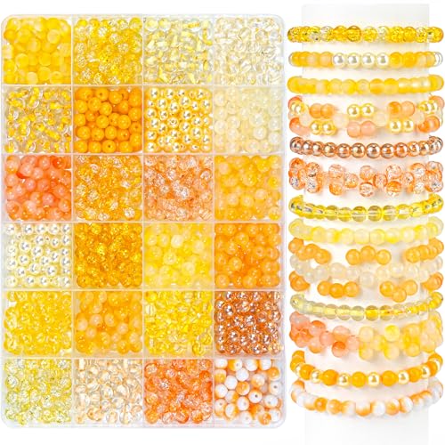 1200PCS 6mm Glass Beads for Bracelets Yellow Beads 24 Colors Orange Crystal Beads Bracelet Making Kit and Jewelry Making Round Glass Beads for Friendship Bracelets DIY Crafts
