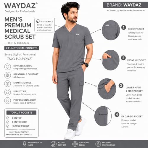 Image of Unisex Medical Scrub Suit Set, V-Neck Top with Pants, Short Sleeve, Polyester Cotton Blend, 7 Pockets, Regular Fit, Hospital Doctor Nurse Uniform