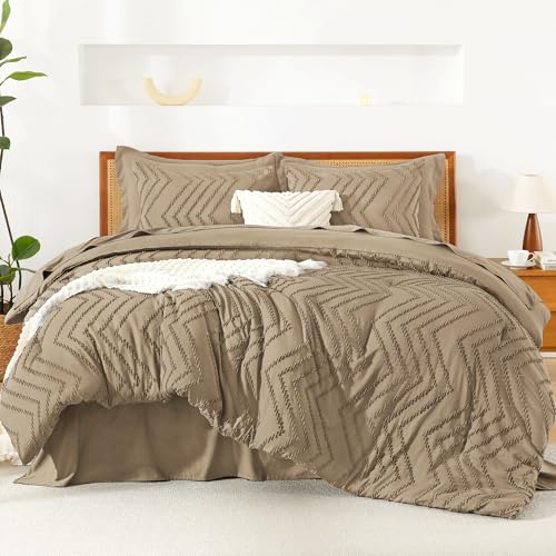 Image of Litanika Oversized Queen Size Comforter Set with Sheets Taupe - 7 Pieces Bed in a Bag Oversized Queen Boho Tufted Complete Bedding Sets with Comforter, Sheets, Pillowcases & Shams