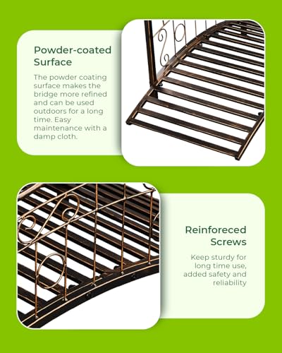 Outvita Metal Garden Bridge for Outdoor, Elegant Decorative Bridge with Powder-Coated Finish and Security Guardrail for Patio Pond Backyard Landscaping (3.3ft-Curved Top-Bronze) - Thumbnail 4