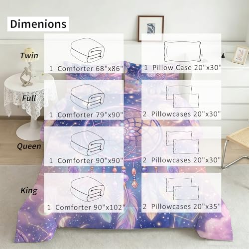 Image of Purple Dream Catcher Comforter Set, Boho Galaxy Star Moon Print Bedding Set Twin Size for Kids Boys Girls Teens, Soft Microfiber Room Decor 1 Comforter 1 Pillowcase