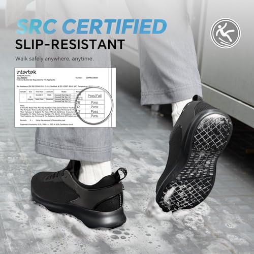 SPIEZ Non Slip Work Shoes Men, SRC Slip-Resistant Certified Waterproof Food Service Shoes, Slip-On Breathable Lightweight Fashion Sneakers for Kitchen Restaurant Black US 7.5-123