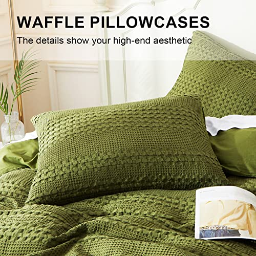 Ivellow Waffle Weave Duvet Cover Set 100% Cotton Duvet Cover Queen Boho Textured Olive Sage Green Duvet Cover Cozy Soft Breathable Queen Duvet Cover Skin-Friendly Luxury Comforter Cover Bedding Set #TOP5
