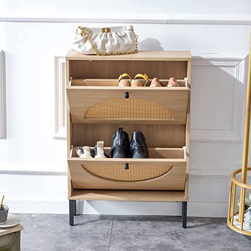 Shoe Storage Cabinet, Wekity Rattan Shoe Cabinet with 2 Flip Drawers, Shoe Storage Organizer for Heels Slippers Boots, Wood Narrow Free Standing Shoe Cabinet for Entryway Hallway 6X23X31 Inch