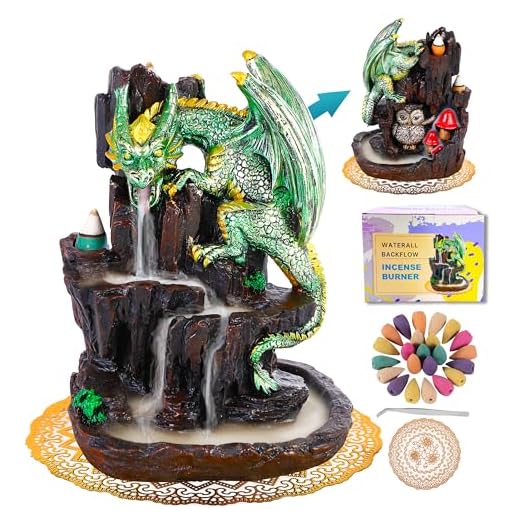 Zvaiuk Dragon Backflow Incense Burner,2 Sided Mountain Waterfall Incense Burner,Fountain Smoke Incense Holder with 100 Backflow Incense Cones, Tweezers, Mat，Resin Aromatherapy Meditation Decor