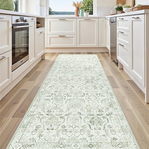 Sage 3x10 Runner Rug for Hallways Bed Side Kitchen, Boho Washable Distressed Low-Pile Floor Entryway Long Bathroom Mat, Non-Slip Laundry Room Washstand Front Carpet Green 36x84 Inch by Deerly - Used condition - Image 3