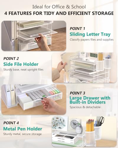Image of WALI Desk File Organizer, 5 Tier Desktop Paper Letter Tray Organizer with Drawer and 2 Pen Holders, Office Desk Accessories & Workspace Organizers for Office, Home Supplies(DO006DH-W), 1 Pack, White