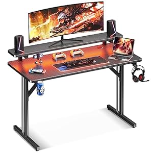 MOTPK Small Gaming Desk with LED Lights, Computer Desk 39 Inch Gaming Table with Monitor Shelf, PC Gaming Desk Gamer Desk with Carbon Fiber Texture, Kids Boys Desk Gift for Men