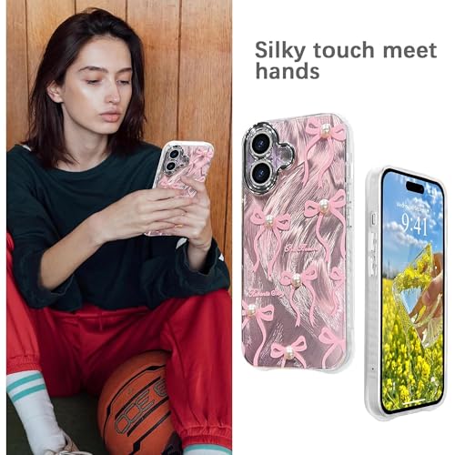 Image of VONZEE Compatible with iPhone 17 6.3'' Case Luxury Pink Girly Cute 3D Bow Pearl Glitter Bling Case with Full Camera Protection Shockproof PC+TPU Glossy Shiny Cover for Girls Women, Pink