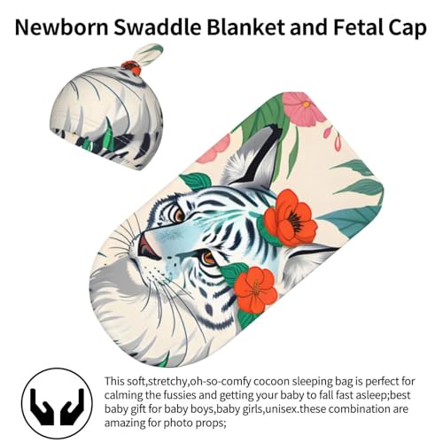 Cute White Tiger Print Newborn Swaddle Blanket with Beanie Set, Soft Baby Sleep Sack Receiving Wraps, for Boy Girl2